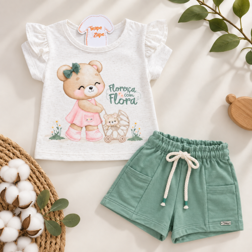 Conj. Blusa Floresça com Flora e Short - Areia e Verde
