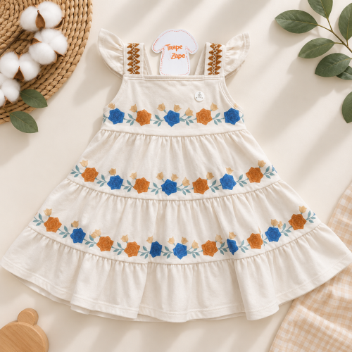 Vestido com Rosas Ferrugem e Azul - Areia