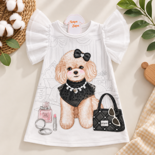 Vestido Manga Flare Poodle - Off White
