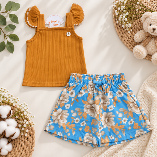  Conj. Regata Ribana e Short Saia Flores - Ferrugem e Azul