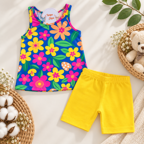  Conj. Regata Floral Colorido e Legging - Amarelo e Azul