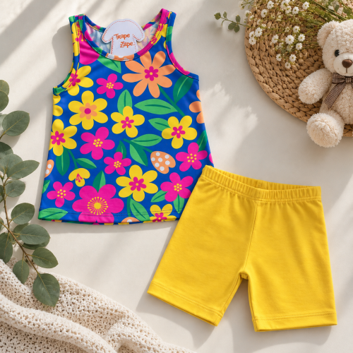  Conj. Regata Floral Colorido e Legging - Amarelo e Azul