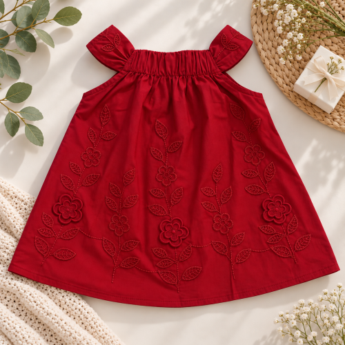 Vestido com Flores Bordadas e Laço - Vermelho