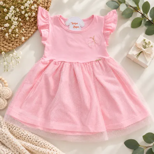 Vestido em malha e tule Rosa Borboleta 
