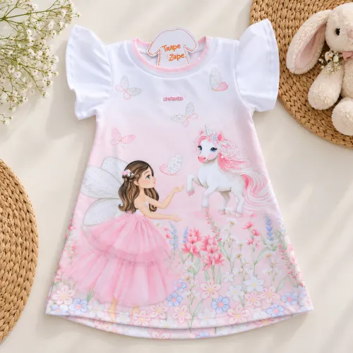 Vestido Manga Flare Princesa e Unicórnio - Off White e Rosa