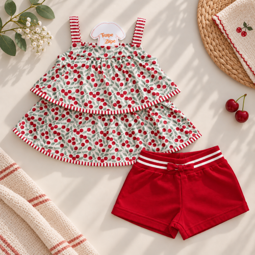 Conj. Batinha Mini Cerejinhas e Short - Areia e Vermelho