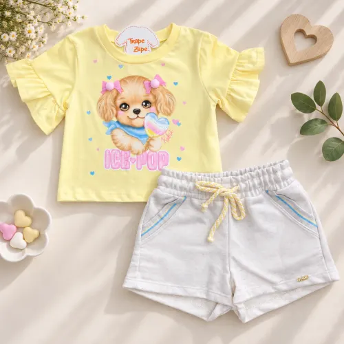 Conj. Blusa Cachorrinha Ice-Pop e Short em Linho - Amarelo 