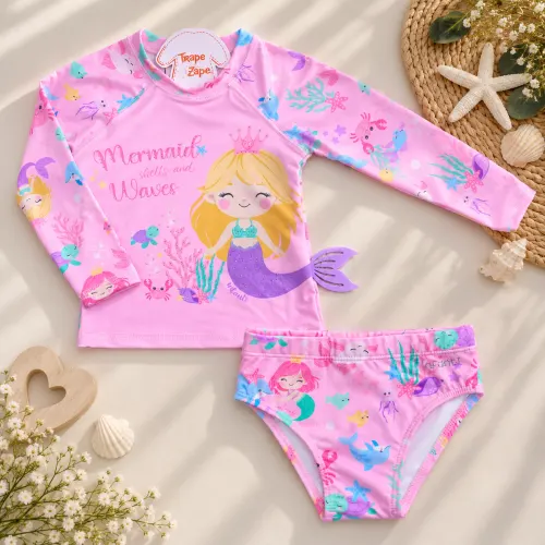 Linha Praia -  Conj. Blusa Manga Longa Sereia e Calcinha com Proteção UV50+ - Rosa