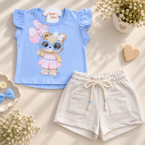 Conj. Blusa Ursinha de Óculos de Sol e Short em Linho - Azul e Areia