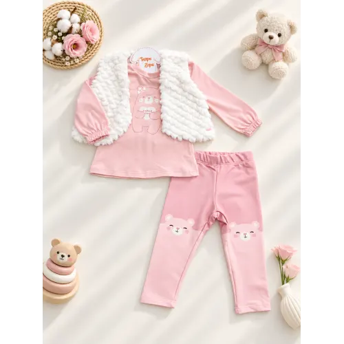 Conj. Colete de Pelinho, Blusa Manga Longa Ursinha e Calça Legging - Rose e Off White