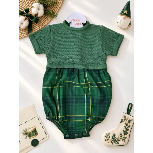 Romper Tricot com Xadrez - Verde e Dourado
