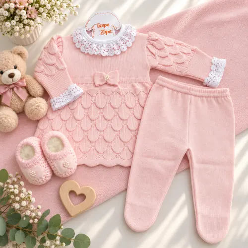  Saída de maternidade Bela- Rosa com Sapatilha Laço Cetim