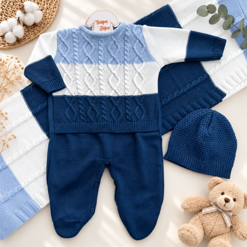 Saída de Maternidade 3 Peças Lucas - Azul Bebê e Azul Jeans