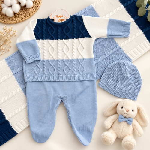 Saída de Maternidade 3 Peças Lucas - Azul Jeans e Azul Bebê