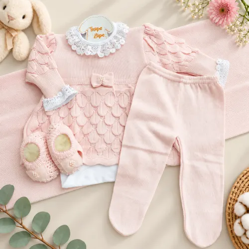  Saída de maternidade Bela- Rosa com Sapatilha Laço Cetim