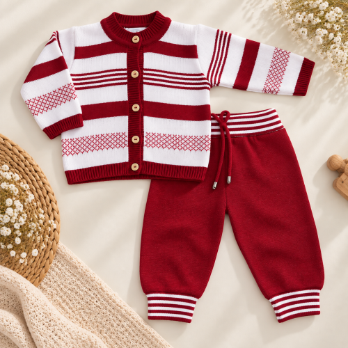 Conj de linha vermelho listrado e calça lisa