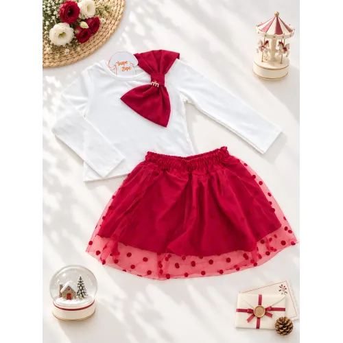 Conj. Blusa Manga Longa Big Laço e Short Saia em Tule com Bolinhas - Vermelho