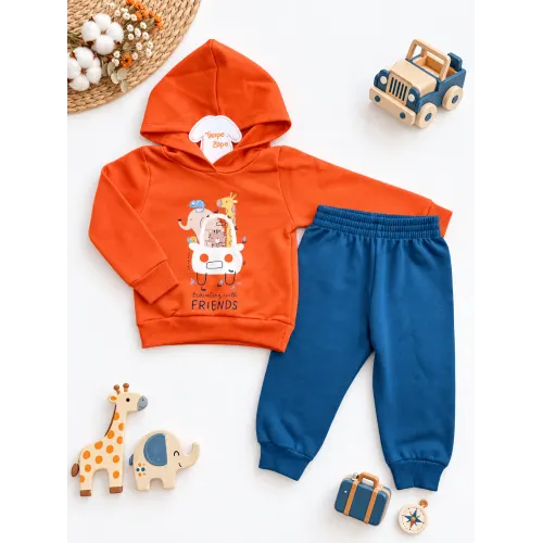 Conj. Casaco Animals Friends com Capuz e Calça de Moletom - Laranja e Azul