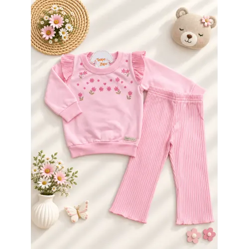 Conj. Casaco Floral de Moletom com Babadinhos e Calça Ribana Flare - Rosa