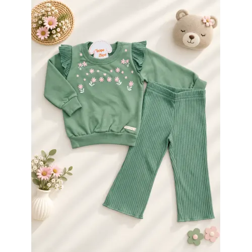 Conj. Casaco Floral de Moletom com Babadinhos e Calça Ribana Flare - Verde