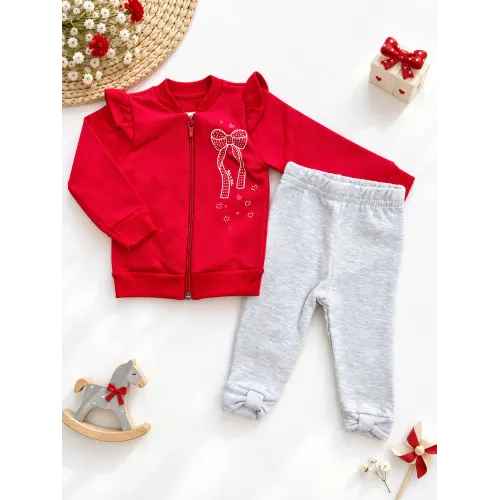 Conj. Jaqueta de Moletom Lacinho e Calça Legging - Vermelho e Mescla