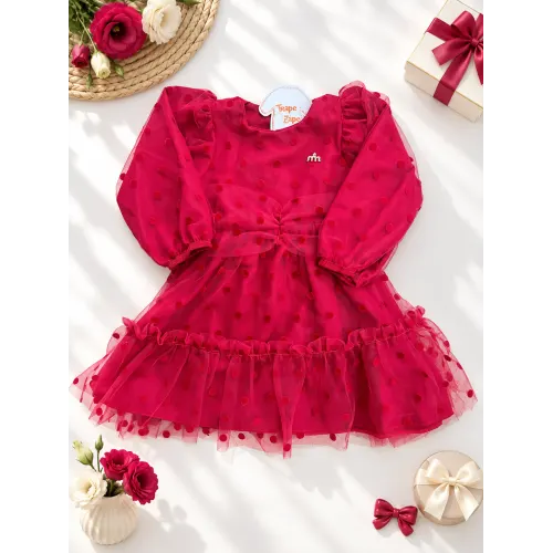Vestido Manga Longa Tule com Bolinhas - Vermelho