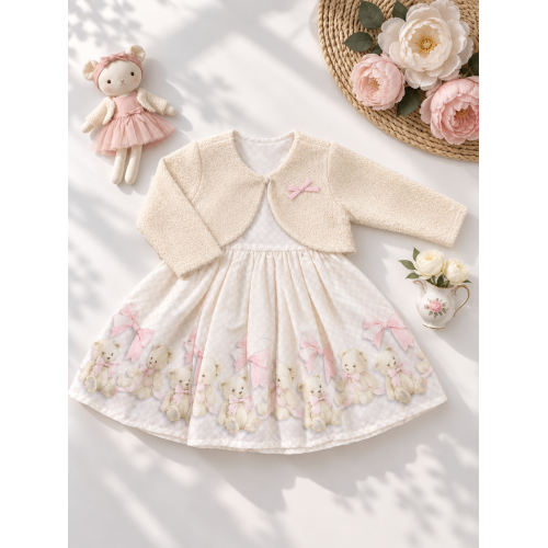 Conj. Bolerinho de Pelinho e Vestido Ursinhas - Rosa Bebê e Off White
