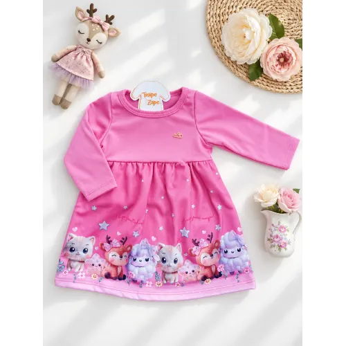Vestido Manga Longa Bichinhos Fofos Amigos para sempre! - Pink