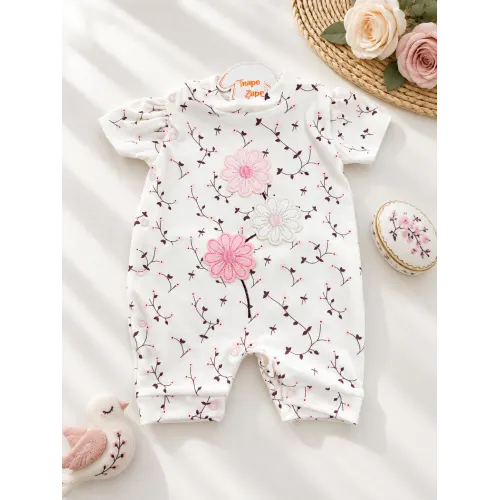 Macacão Curto Trape Zape - Três Flores - Rosa e Off White