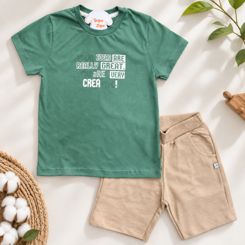 Conj. CREATIVE verde e bermuda Caqui