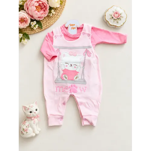 Conj. Body Manga Longa e Jardineira Meow - Rosa e Rose