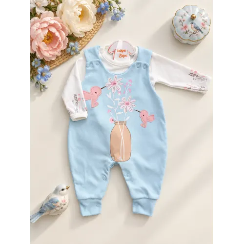 Conj. Body Manga Longa e Jardineira Suedine Passarinhos - Azul Piscina Claro e Off White