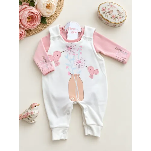 Conj. Body Manga Longa e Jardineira Suedine - Passarinhos - Off White e Rose