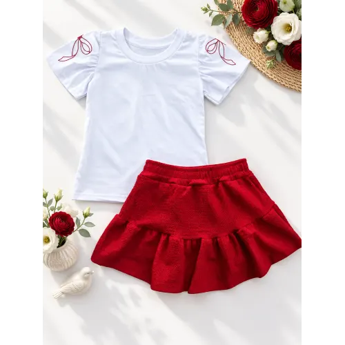 Conj. Blusa Laço Bordado nas Mangas e Short Saia - Off White e Vermelho