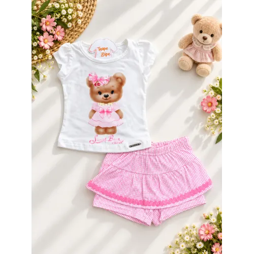 Conj. Blusa Sweet Bear e Short Saia Xadrez - Rosa e Off White