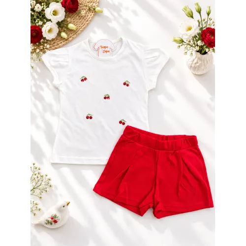 Conj. Blusa Cerejinhas de Paetê e Short - Off White e Vermelho 