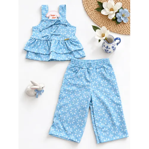  Conj. Bata e Calça Pantacourt Floral - Azul
