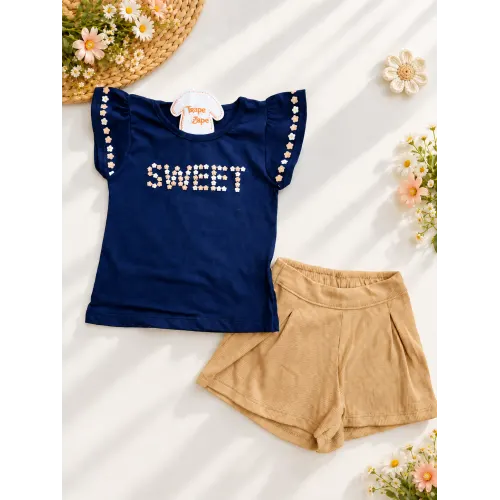 Conj. Blusa Sweet Florzinhas e Short - Marinho e Areia