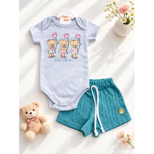 Conj. Body Bloom with Love e Short - Mescla e Verde
