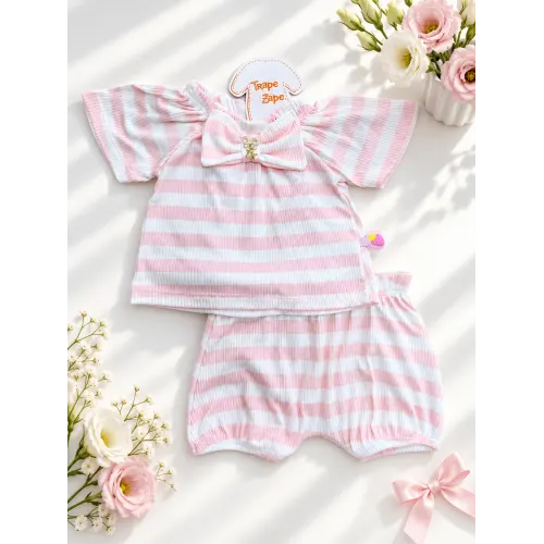 Conj. Blusa Laço e Short Listrado - Rosa