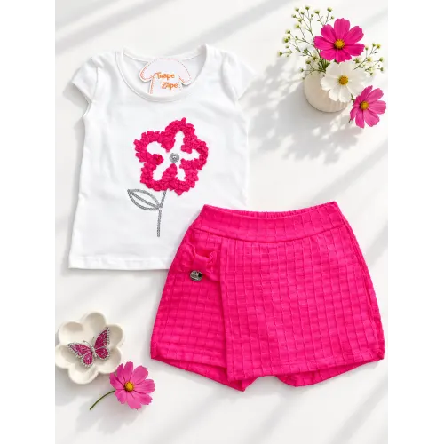 Conj. Blusa Florzinha e Short Saia - Off White e Pink