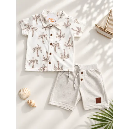 Conj. Camiseta Coqueiros e Bermuda em Linho - Areia e Marrom