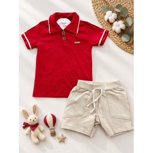 Conj. Camisa Gola Polo com Listra e Bermuda - Vermelho e Areia