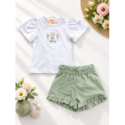 Conj. Blusa Flores Bordadas e Short - Verde