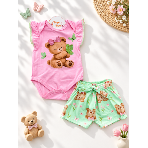 Conj. Body Ursinha com Borboleta e Short - Rosa e Verde