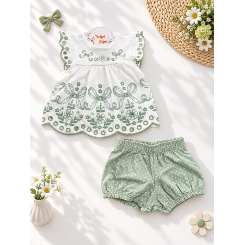 Conj. Batinha em Lese Floral e Short Poá - Verde