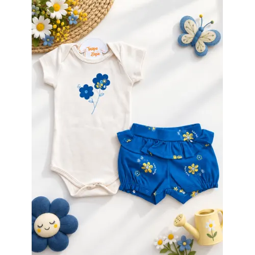 Conj. Body Duas Flores e Short Floral Tropical - Creme e Azul Petróleo 