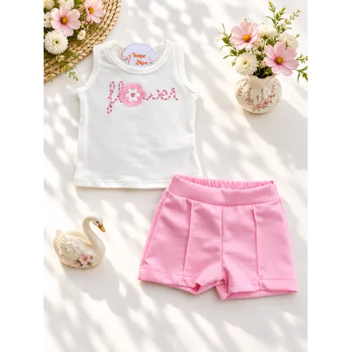 Conj. Regata Flower e Short - Off White e Rosa