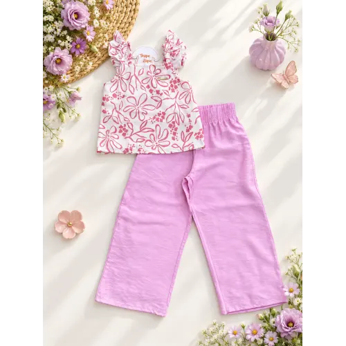 Conj Blusa Off e Pink Floral e Calça Pantacourt Rosa Flamingo