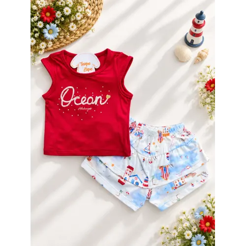 Conj. Regata Ocean e Short Casinhas - Vermelho e Off White